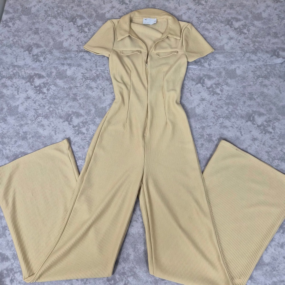 ASOS Design Ribbed Wide Leg Jumpsuit Womens 0 70s Retro Disco Boho Festival Tan